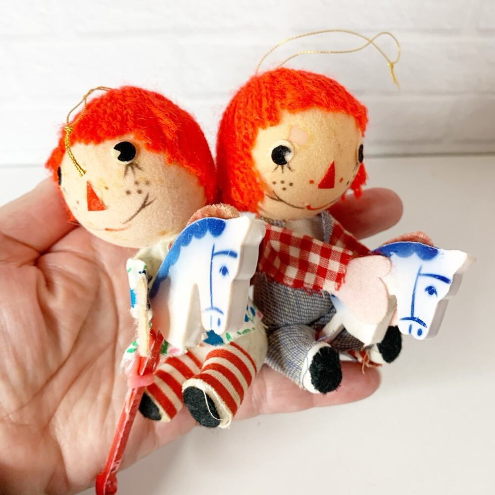 Vtg Raggedy Ann & Andy Riding Hobby Horses Christmas Ornaments Felt Hong Kong